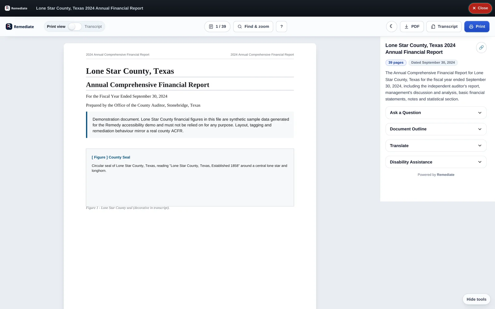 The mock Lone Star County Auditor website with the Remediate document viewer open over it.