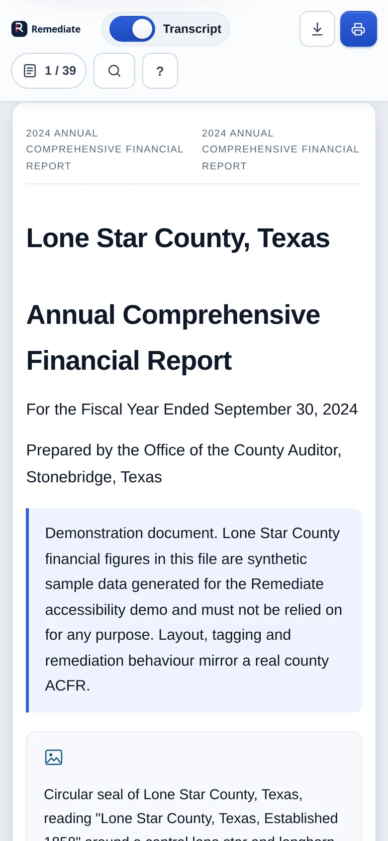 The Remediate transcript on a phone, showing the accessible document title and reading options.