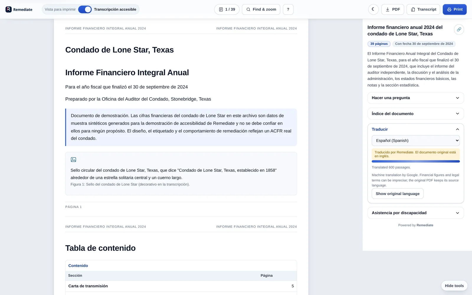 The annual report transcript translated into Spanish.